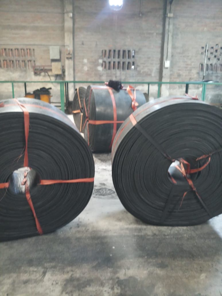 Conveyor belt rolls secured in stock near plant machinery